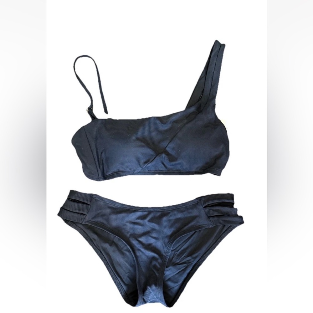 Becca Fine Line Rib Kiera Cut Out Bikini Set Black NEW small